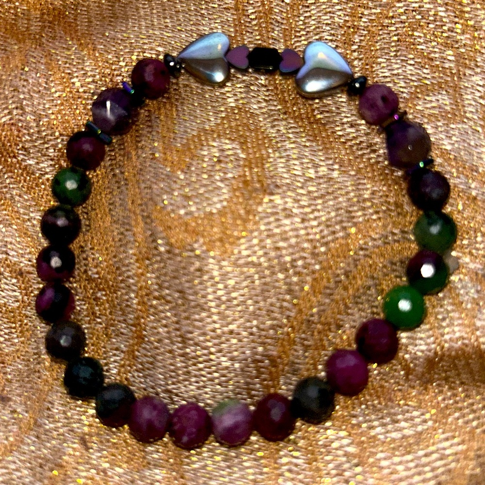 AAA Ruby Zoisite Faceted 6mm bracelet with Hematite Hearts